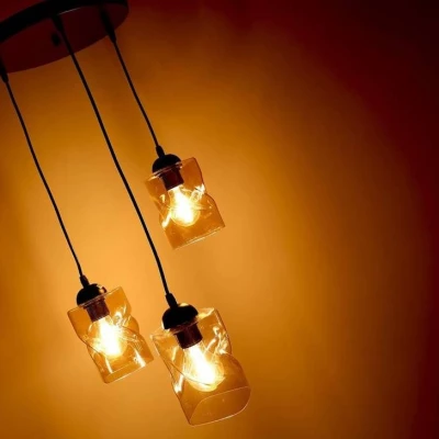 Závesné moderné osvetlenie FELIS - 3xE27, 60W, čierne / jantárové sklo