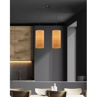 Ratanové závesné osvetlenie nad jedálenský stôl FLERI - 2xE27, 60W, čierne / béžové