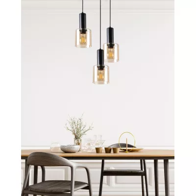 Závesný luster ISAR - 3xE27, 40W, čierny / jantárový