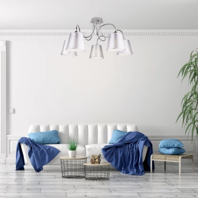 Závesné moderné päťramenné osvetlenie LUK - 5xE14, 40W, chrómované / šedostrieborné