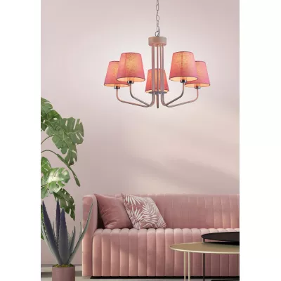 Závesný päťiramenný luster na reťazi LUMINOR - 5xE14, 60W, biely / ružový