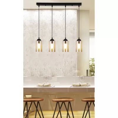 Závesné moderné svietidlo nad jedálenský stôl BISTRO - 4xE27, 40W, čierne / jantárové