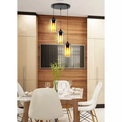 Závesné moderné svietidlo BISTRO - 3xE27, 40W, čierne / jantárové