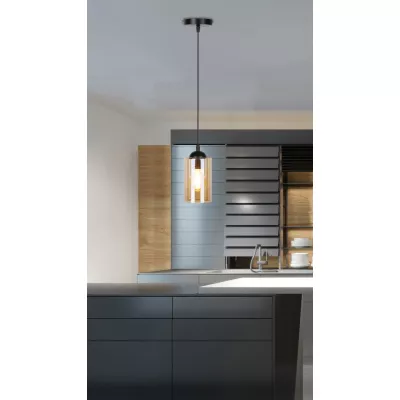 Závesné moderné svietidlo BISTRO - 1xE27, 40W, čierne / jantárové