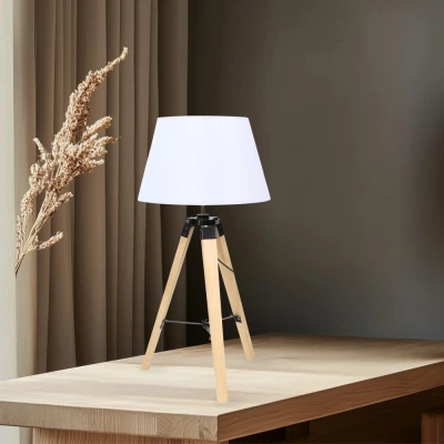Stolová lampa trojnožka LUGANO - 1xE27, 60W, prírodné drevo/biela
