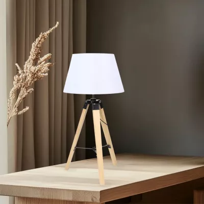 Stolová lampa trojnožka LUGANO - 1xE27, 60W, prírodné drevo/biela