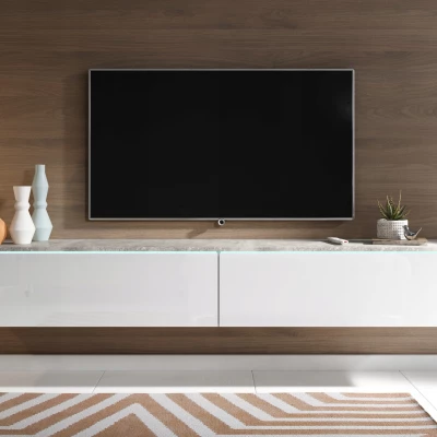 TV stolík CERIEE 180 - betón / biely lesklý