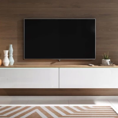 TV stolík CERIEE 180 - dub wotan / biely lesklý