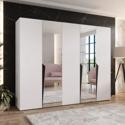 Široká šatníková skriňa 250 cm SORAYA 2 so zrkadlom - biela / čierne úchyty