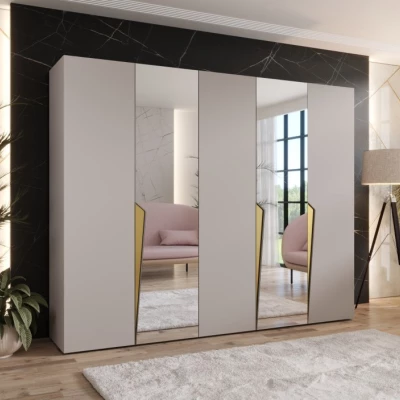 Široká šatníková skriňa 250 cm SORAYA 2 so zrkadlom - kašmír / zlaté úchyty