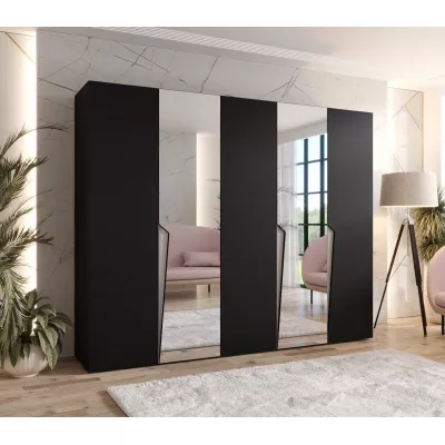 Široká šatníková skriňa 250 cm SORAYA 2 so zrkadlom - čierna / kašmírové úchyty