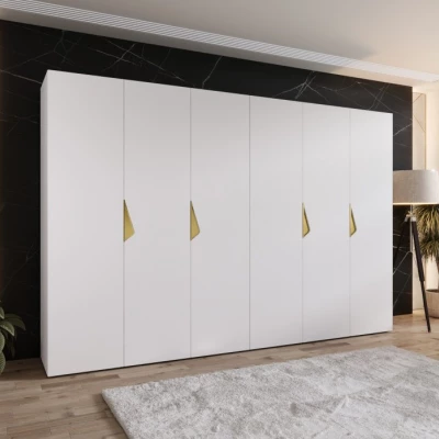 Elegantná šatníková skriňa 300 cm AMARIS 1 - biela / zlaté úchyty