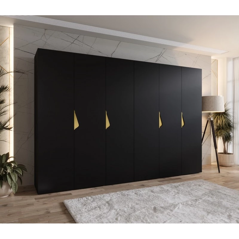 Elegantná šatníková skriňa 300 cm AMARIS 1 - čierna / zlaté úchyty