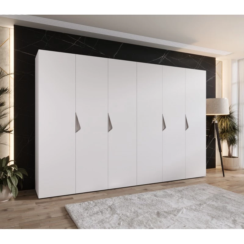 Elegantná šatníková skriňa 300 cm AMARIS 1 - biela / kašmírové úchyty