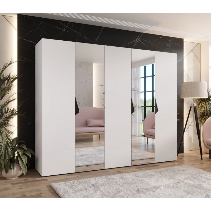 Široká šatníková skriňa 250 cm AMARIS 2 so zrkadlom - biela / čierne úchyty