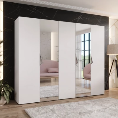 Široká šatníková skriňa 250 cm AMARIS 2 so zrkadlom - biela / kašmírové úchyty