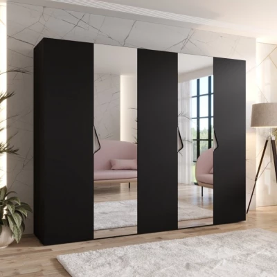 Široká šatníková skriňa 250 cm AMARIS 2 so zrkadlom - čierna / kašmírové úchyty