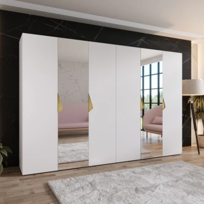 Elegantná zrkadlová skriňa 300 cm AMARIS 2 - biela / zlaté úchyty