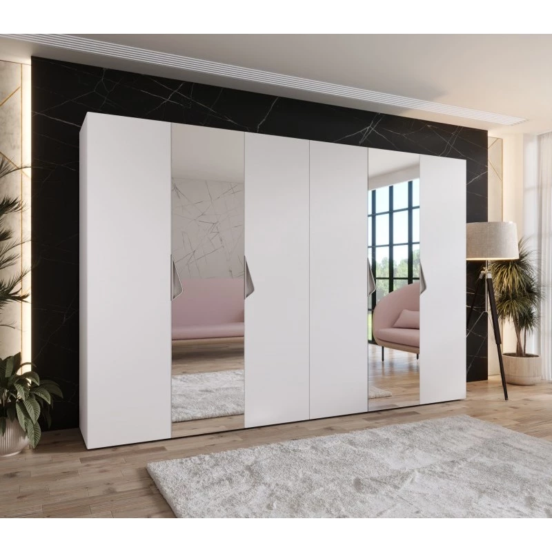 Elegantná zrkadlová skriňa 300 cm AMARIS 2 - biela / kašmírové úchyty