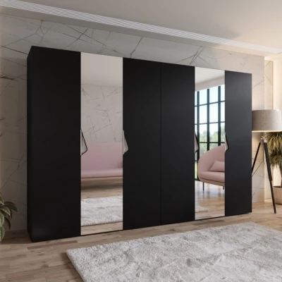 Elegantná zrkadlová skriňa 300 cm AMARIS 2 - čierna / kašmírové úchyty