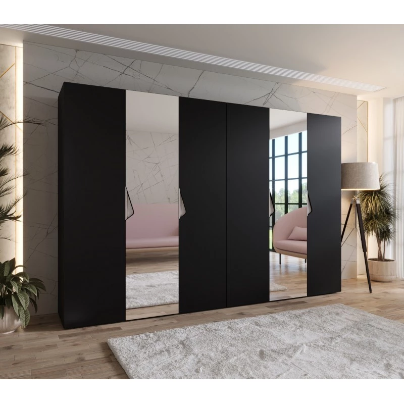 Elegantná zrkadlová skriňa 300 cm AMARIS 2 - čierna / kašmírové úchyty