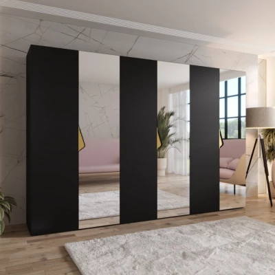 Veľká zrkadlová šatníková skriňa 300 cm AMARIS 2 - čierna / zlaté úchyty