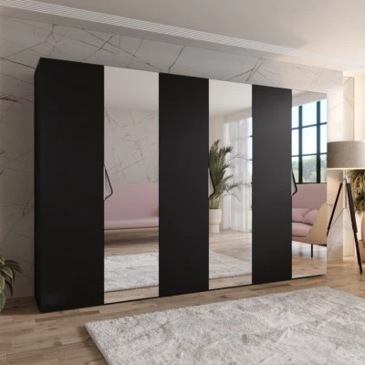 Veľká zrkadlová šatníková skriňa 300 cm AMARIS 2 - čierna / kašmírové úchyty