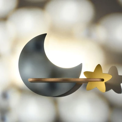 Detské nástenné LED svetlo s poličkou MOON - 5W, 4000K (denná biela), šedé / žlté