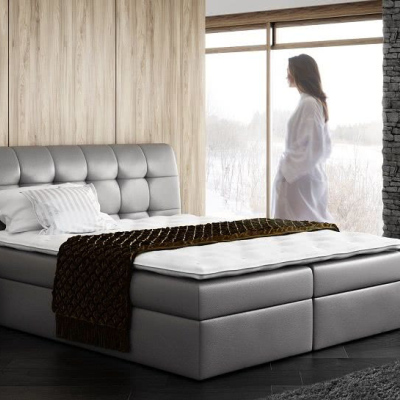Boxspringová čalúnená posteľ SARA šedá Eko koža 160 + topper zdarma