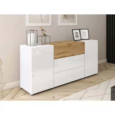Kombinovaná komoda HEXIO - biela / biela lesklá + dub wotan