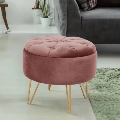 Elegantný taburet DRAVIEN s úložným priestorom - ružový / zlatý