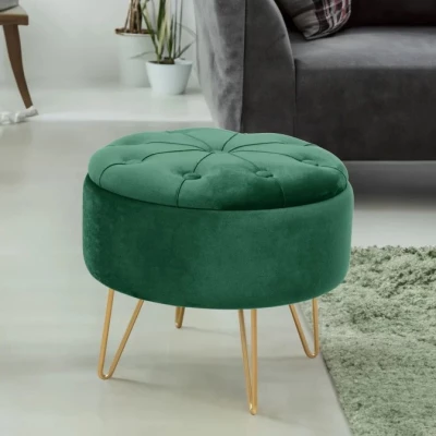 Elegantný taburet DRAVIEN s úložným priestorom - fľaškovo zelený / zlatý