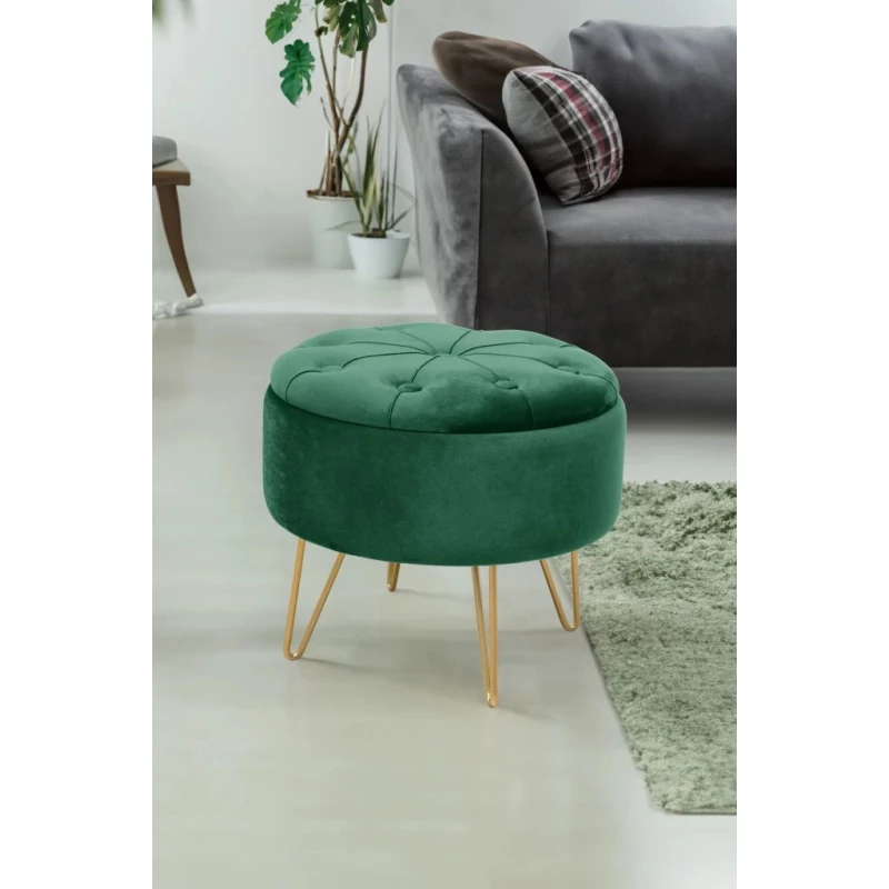 Elegantný taburet DRAVIEN s úložným priestorom - fľaškovo zelený / zlatý