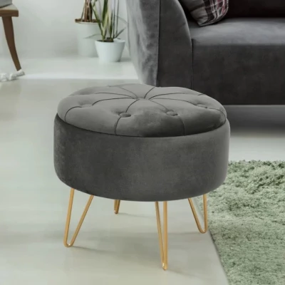 Elegantný taburet DRAVIEN s úložným priestorom - šedý / zlatý