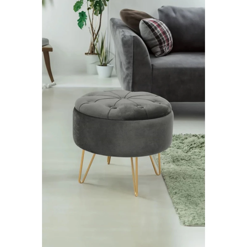 Elegantný taburet DRAVIEN s úložným priestorom - šedý / zlatý