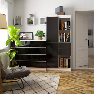 Vysoký regál so šuplíkmi VALESTRA - biely / čierny lesklý