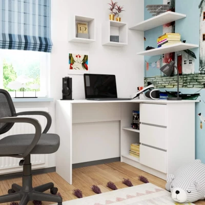 Rohový písací stôl ALERON - biely, pravé prevedenie