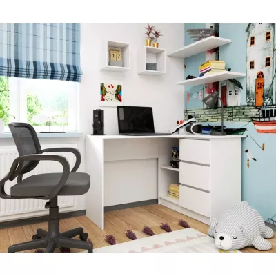 Rohový písací stôl ALERON - biely, pravé prevedenie