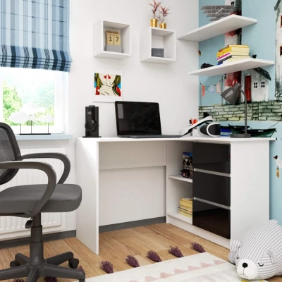 Rohový písací stôl ALERON - biely / čierny lesklý, pravé prevedenie