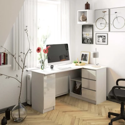 Rohový písací stôl SILAN - biely/biely lesklý, pravé prevedenie