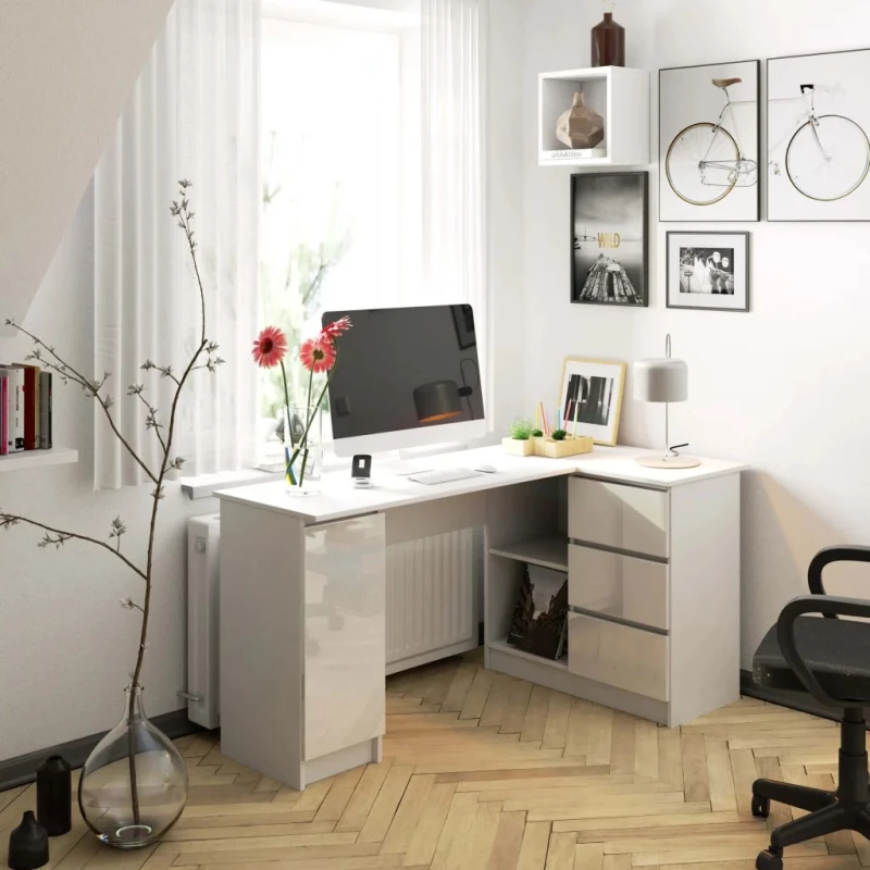 Rohový písací stôl SILAN - biely/biely lesklý, pravé prevedenie