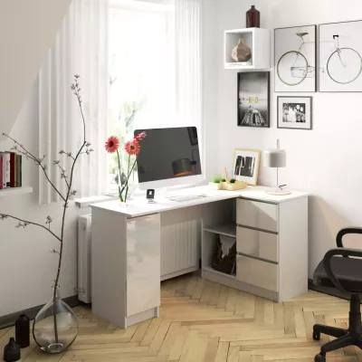 Rohový písací stôl SILAN - biely/biely lesklý, pravé prevedenie