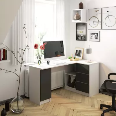 Rohový písací stôl SILAN - biely / šedý, pravé prevedenie