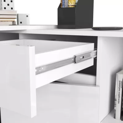 Rohový písací stôl s komodou RALIO - biely/biely lesklý