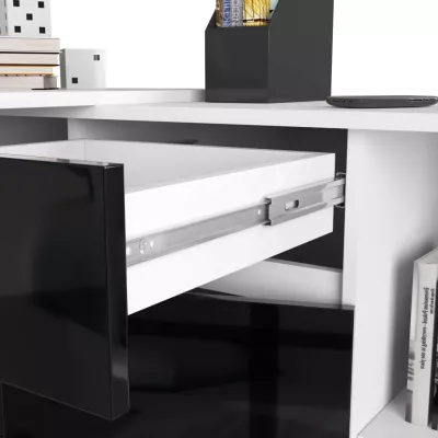 Rohový písací stôl s komodou RALIO - biely / čierny lesklý