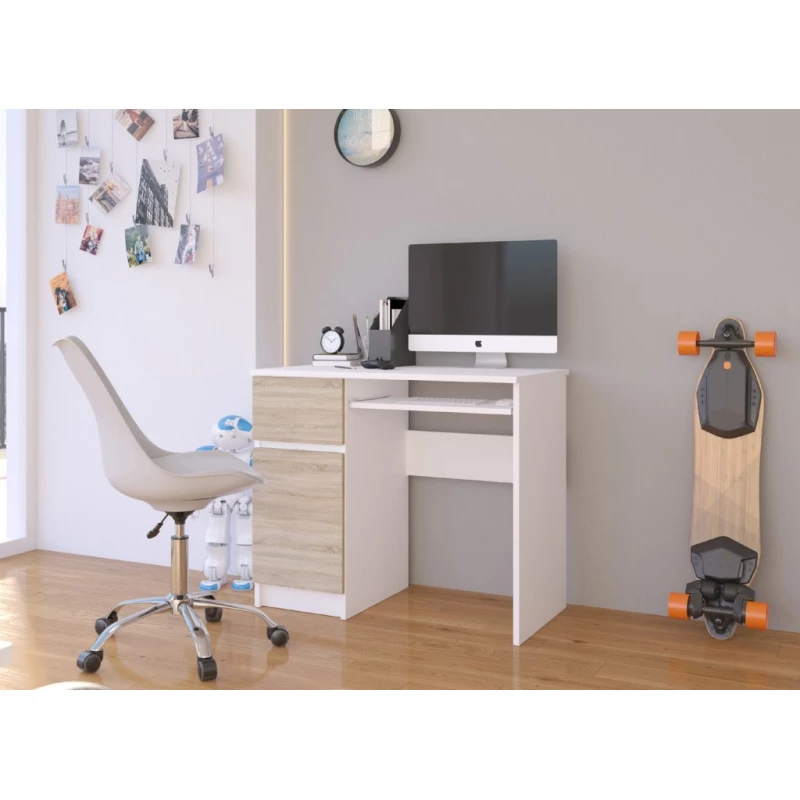 PC stôl KALRION - biely / dub sonoma, ľavé prevedenie