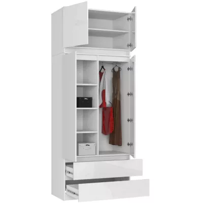 Šatníková skriňa s nástavcom 90 cm LOTA - biela / biela lesklá