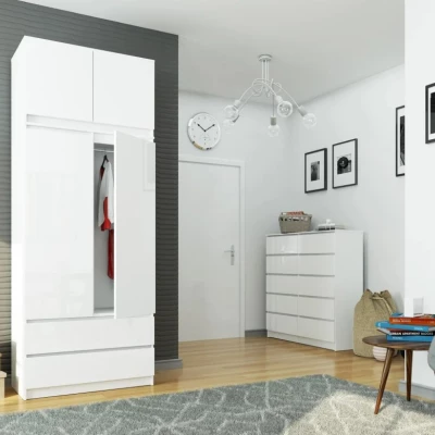 Šatníková skriňa s nástavcom 90 cm LOTA - biela / biela lesklá
