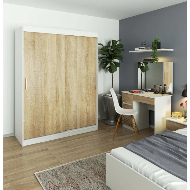 Priestranná šatníková skriňa 150 cm VALESTRA - biela / dub sonoma