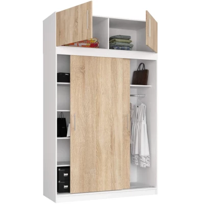 Priestranná šatníková skriňa 150 cm VALESTRA s nástavcom - biela / dub sonoma